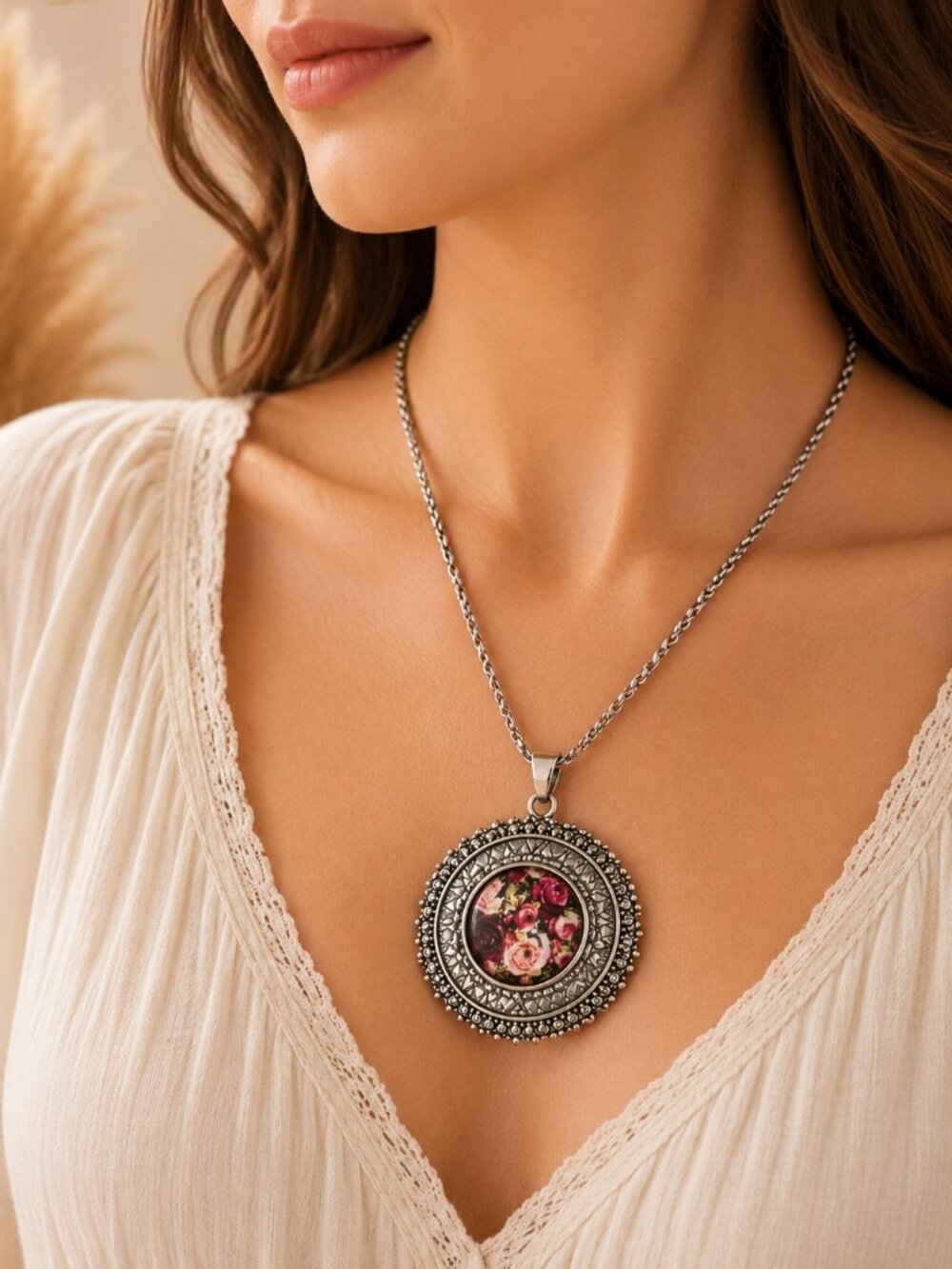 Silver Mandala Snap Pendant Necklace Black Pink Rose Interchangeable